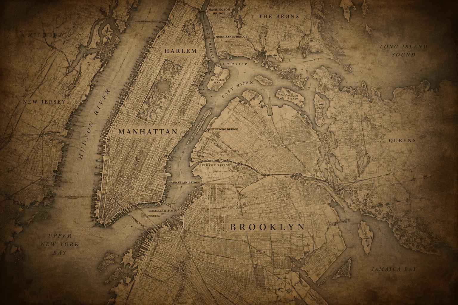 1930s-style New York City map showing Harlem and Brooklyn
